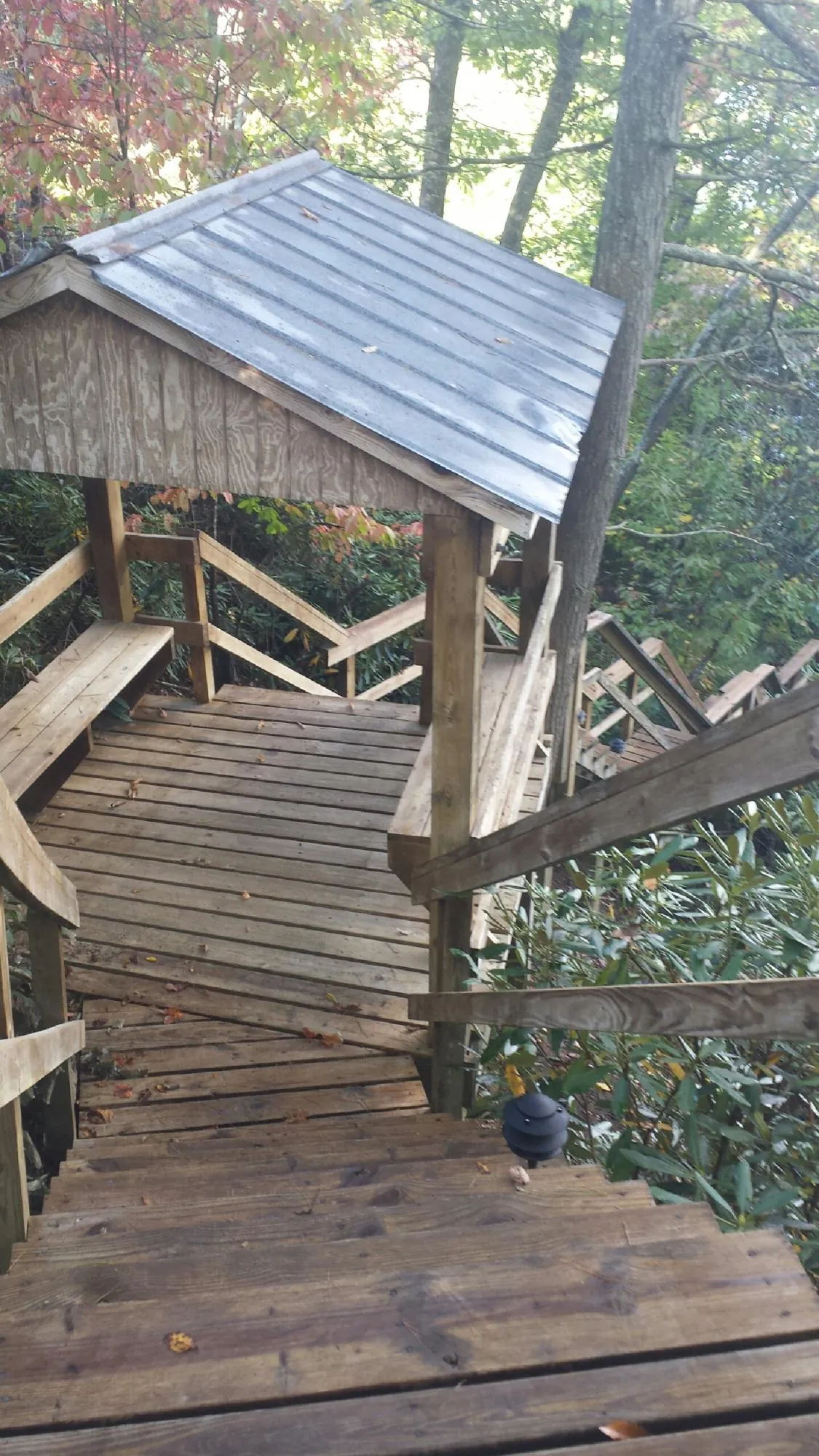 Metal roofed shelter over wooden steps on a wooded walkway — Skylight Repair & Installation work by our crew in Georgiana